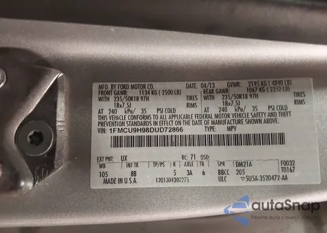 2013 Ford Escape Sel z USA, uszkodzony, nr VIN 1FMCU9H98DUD72866